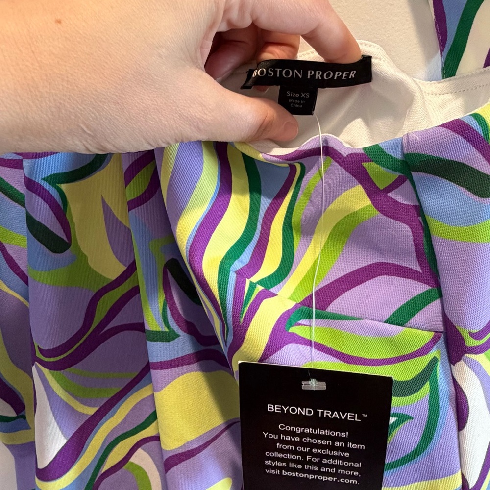 Boston Proper Purple Midi Dress with Green and Blue Abstract Leaf Print - Picture 2 of 6